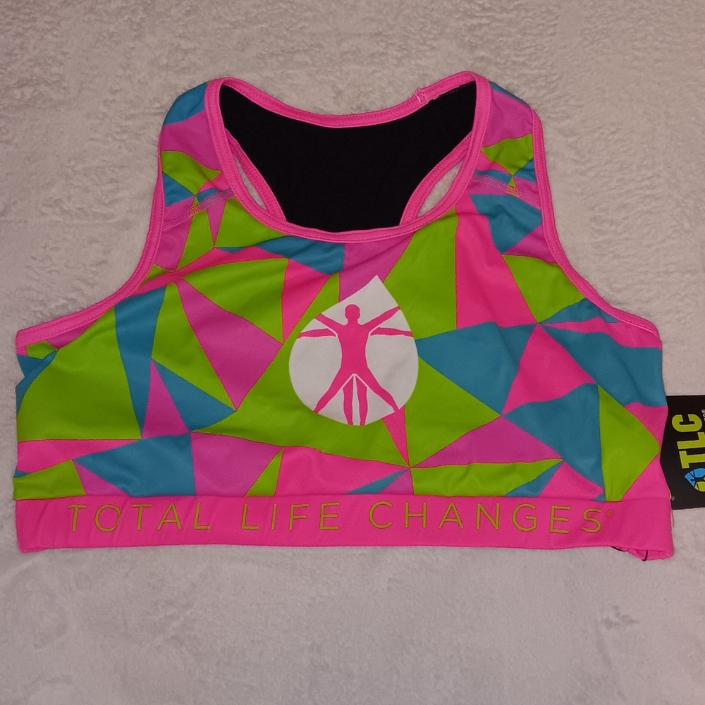 New TLC Total Life Changes Neon Pink Green Blue Sports Bra Fitness Training Gym